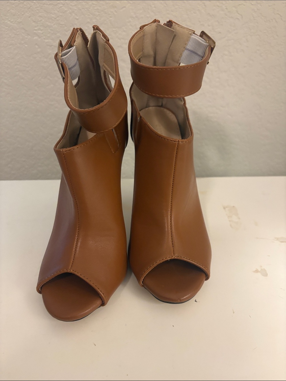 Tan Peep-Toe Ankle Strap Heels